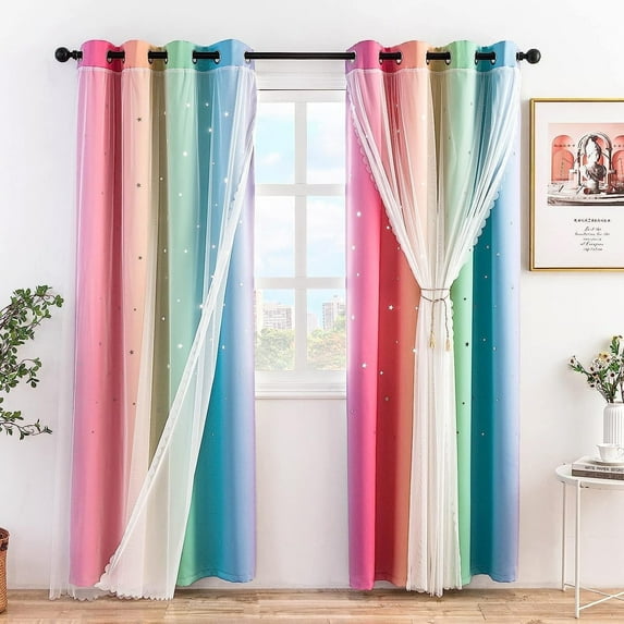 Anjee Dream Star Blackout Curtains for Kids, Princess Rainbow Blackout Curtain for Daughter Girls Boys Bedroom Living Room Playroom Decor, 2 Panels W52 x L95 inches