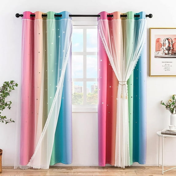 Anjee Blackout Curtains for Kids Girls Bedroom Curtain,Star Curtain Dual Layer Curtains with Sheer 2 Panel Set,52" x 95",Rainbow Color