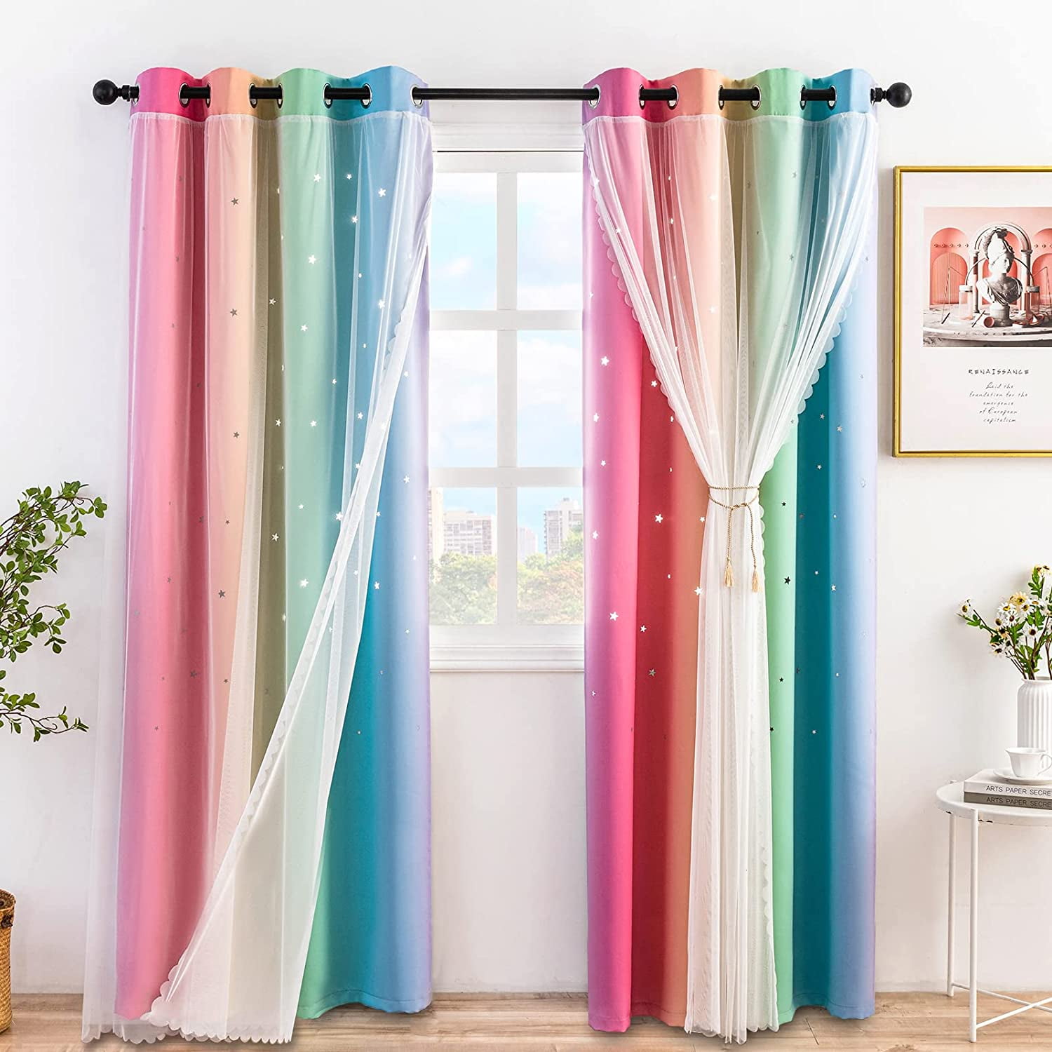 Anjee Blackout Curtains for Kids Girls Bedroom Curtain,Star Curtain Dual Layer Curtains with Sheer 2 Panel Set,52" x 84",Rainbow Color