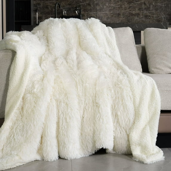Anjee Faux Fur Soft Fuzzy Plush Sherpa Fluffy Fleece Long Hair Throw Blankets for Sofa Couch Bed 50x60 Inches,Cream White