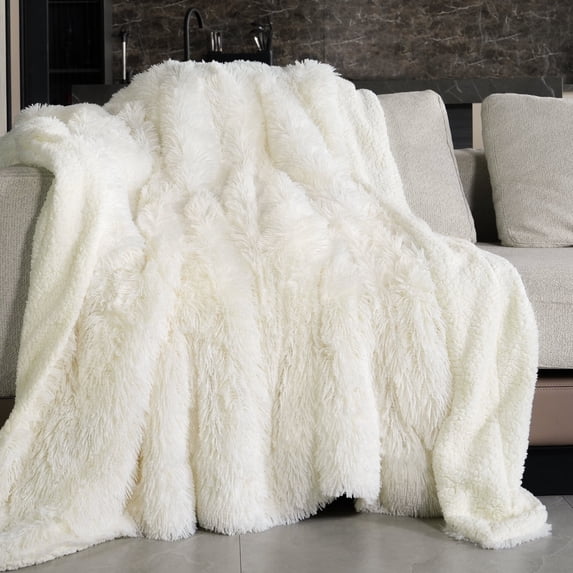 Anjee Faux Fur Soft Fuzzy Plush Sherpa Fluffy Fleece Long Hair Throw Blankets for Sofa Couch Bed 60x80 Inches,Cream White