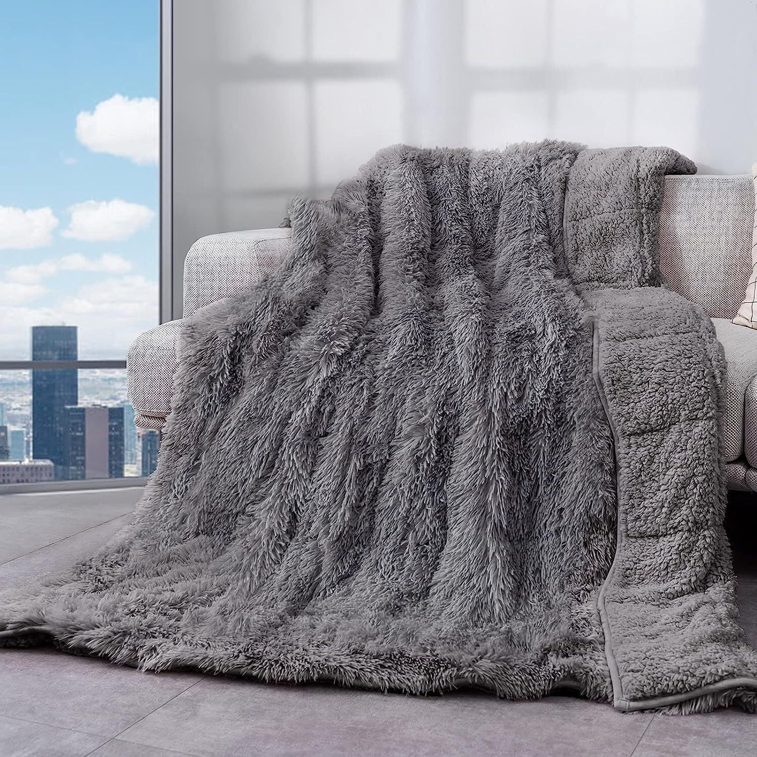 Anjee Faux Fur Weighted Blanket 15lbs, Super Soft Plush Fleece and Cozy