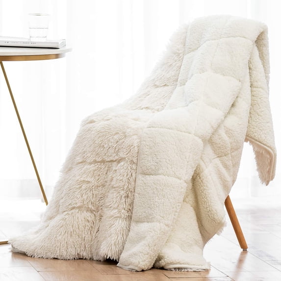 Anjee Shaggy Long Fur Faux Fur Weighted Blanket, Cozy and Fluffy Plush Sherpa Long Hair Blanket for Adult 20lbs, Fluffy Fuzzy Sherpa Reverse Heavy Blanket for Bed, Couch, Cream White, 60 x 80 Inches