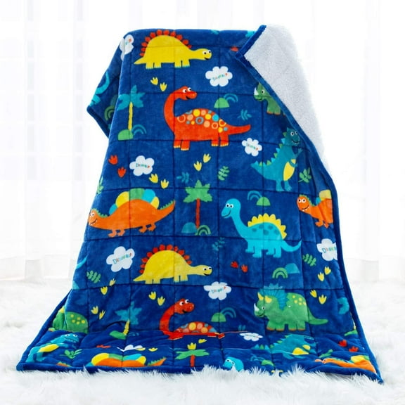 Anjee Kids Sherpa Fleece Weighted Blanket, 5lbs Blue Dinosaur, Ultra Soft and Cozy Heavy Blanket, Great for Calming and Sleep, 36x48 inch