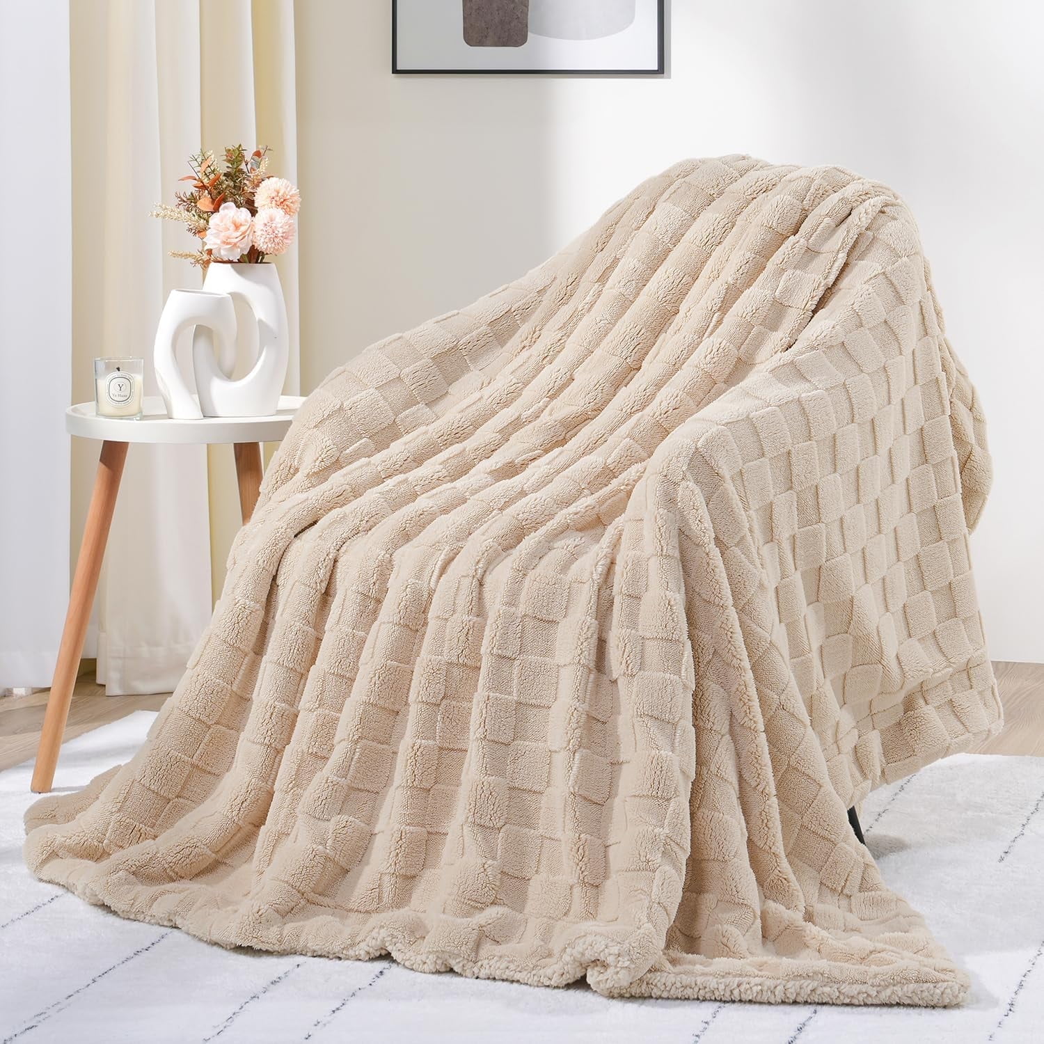 Anjee Reversible Fleece Blanket Khaki 50"x 60", Thick Soft Winter Blanket for Couch, Bedroom and Home Decor