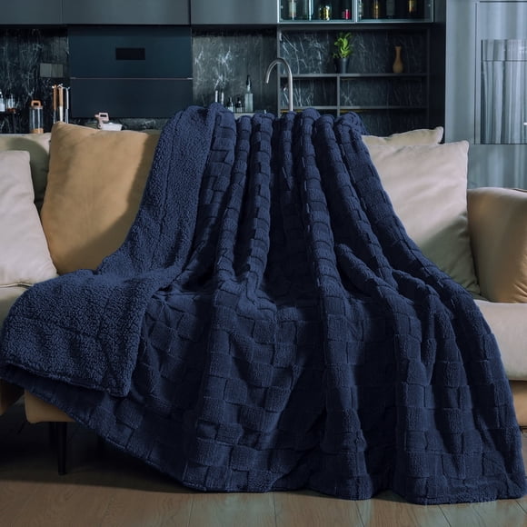 Anjee Reversible Warm Fuzzy Blanket 50"x 60", Plush Fluffy Soft Fleece Blankets for All-Season, Elegant Throw for Couch Bedroom Home, Navy Blue