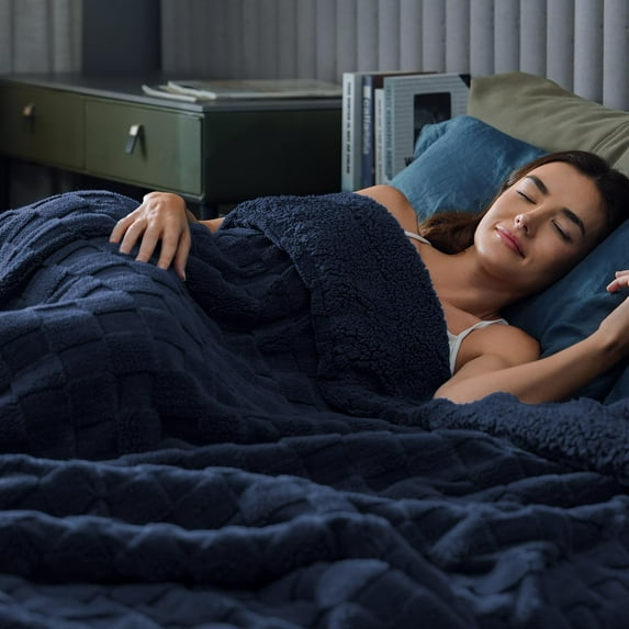 Anjee 90"x90" Queen Size Super Soft Cozy Fluffy Sherpa Fleece Reversible Thick Warm 3D Checkered Jacquard Blanket for All-Season Couch Bed, Navy Blue
