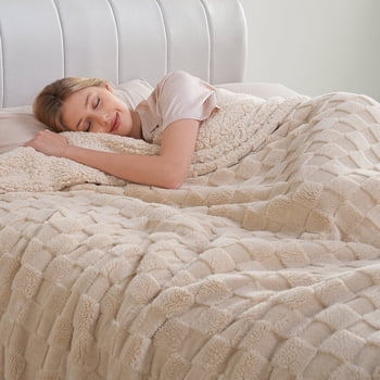 Anjee Queen Size Sherpa Fleece Reversible Throw Blankets for Summer, Super Cozy Thick 3D Checkered Bed Blankets for Couch Sofa,  90" x 90" Khaki