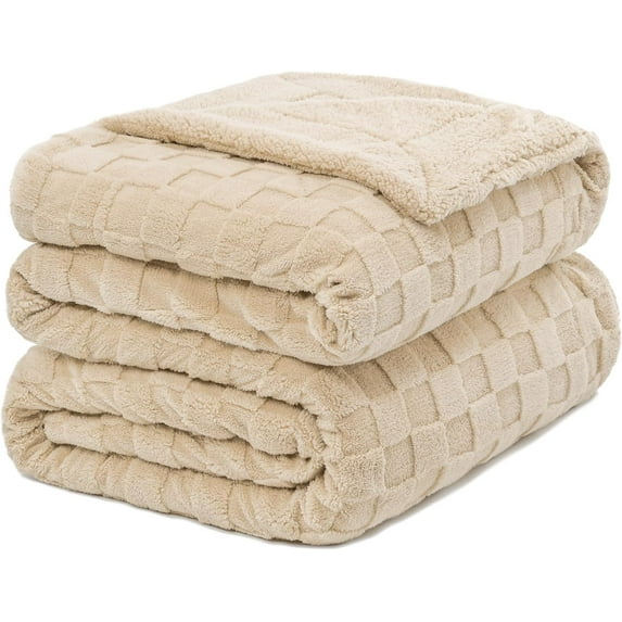 Anjee 90" x 90" Khaki Queen Size Super Soft Cozy Fluffy Sherpa Fleece Reversible Thick 3D Checkered Jacquard Decorative Throw Blankets