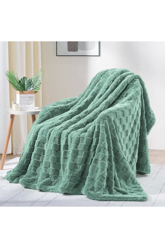 60" x 80" Sage Green Sherpa Fleece Reversible Checkered Throw Blanket, All Season Twin Size Blankets for Couch Sofa Bed, Ideal Gift for Friends