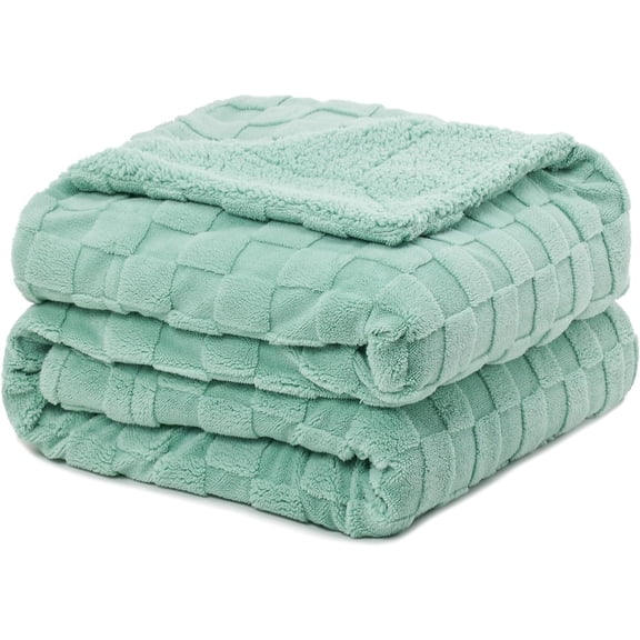 Anjee 60"x80" Super Soft Cozy Fluffy Sherpa Fleece Reversible Thick Warm 3D Checkered Jacquard Blanket for All-Season Couch Bed, Sage Green