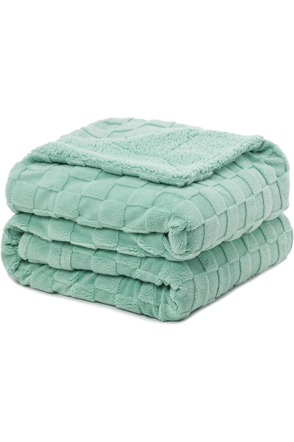 60"x80" Super Soft Cozy Fluffy Sherpa Fleece Reversible Thick Warm 3D Checkered Jacquard Blanket for All-Season Couch Bed, Sage Green