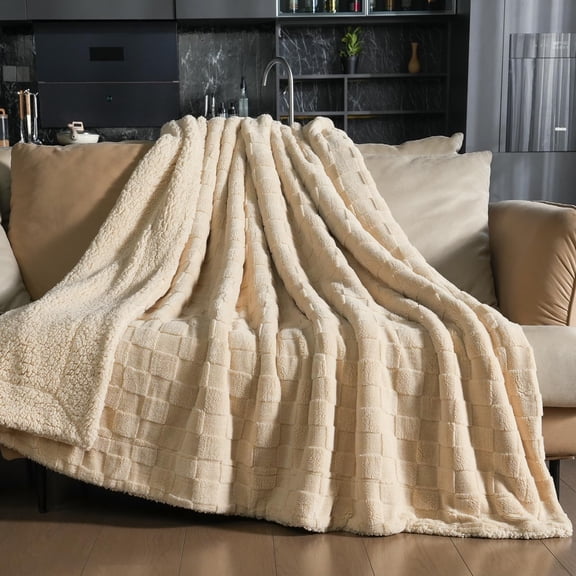 Anjee 60" x 80" Khaki Twin Size Super Soft Cozy Fluffy Sherpa Fleece Reversible Thick 3D Checkered Jacquard Decorative Throw Blankets