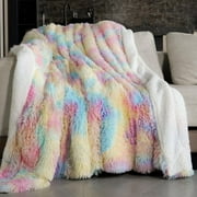Anjee Faux Fur Bed Blanket, Reversible Shaggy Long Hair Fluffy Cozy Plush Blankets, for Sofa Bedroom Couch, 60" x 80" Rainbow