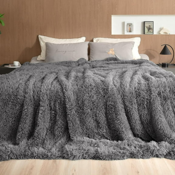 Anjee Faux Fur Throw Blanket, Cozy Plush Reversible Shaggy Long Hair Microfiber Bed Blanket, for Bedroom Sofa Couch, 90" x 108" Gray