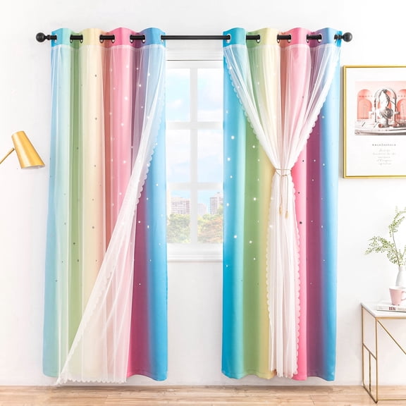 Anjee Stars Blackout Curtains for Girls Bedroom, Grommet Top 2 in 1 Double Layer Rainbow Window Curtains with Sheer, for Kids Nursery Playroom Childcare Room, 52" x 63"
