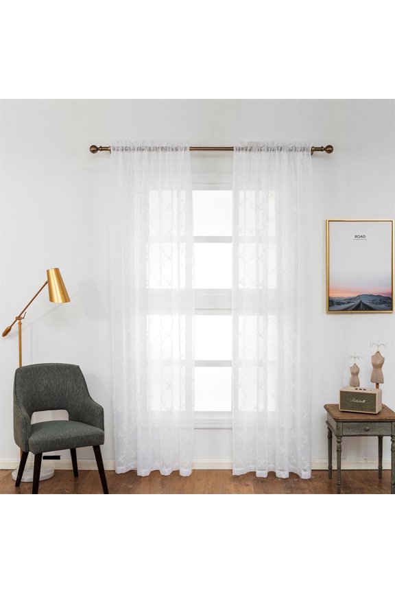 White Sheer Curtains for Bedroom, Rod Pocket 84 Inches Long, Solid Voile Window Curtain for Living Room/Bedroom, Moroccan Embroidery Flower