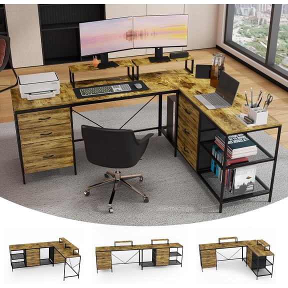 Anjerry 114 Inch L Shaped Desk, Corner Computer Desk with Power Outlets & USB C, Adjustable Standing Gaming Desk with 6 Drawers, Large Home Office Desk for Gaming, Rustic Brown