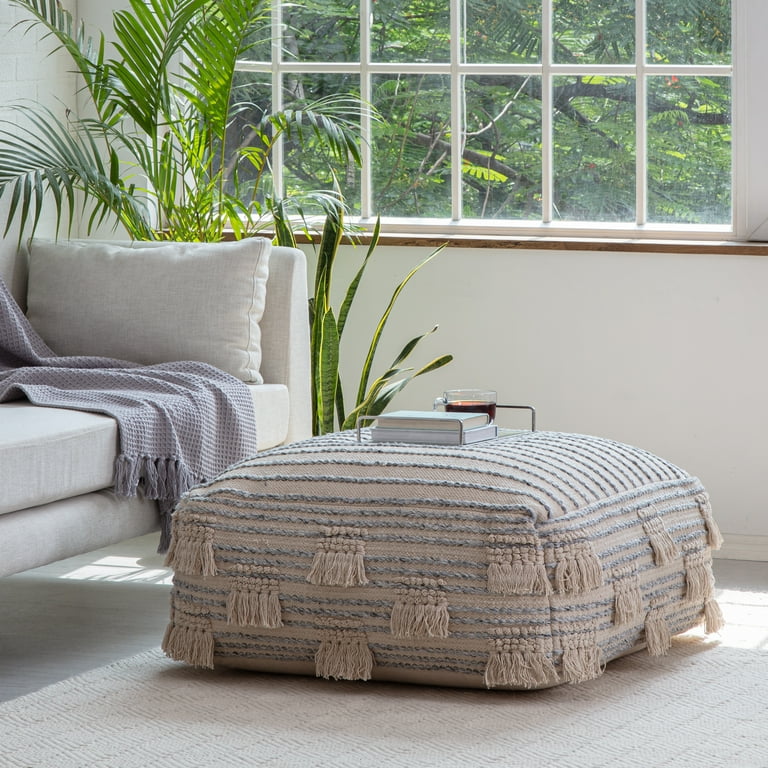 Beige And Brown Wool Square Pouf With Cotton And Felt Popcorn Stitch Beige And Brown Wool Square Pouf With Cotton And Felt Popcorn Stitch