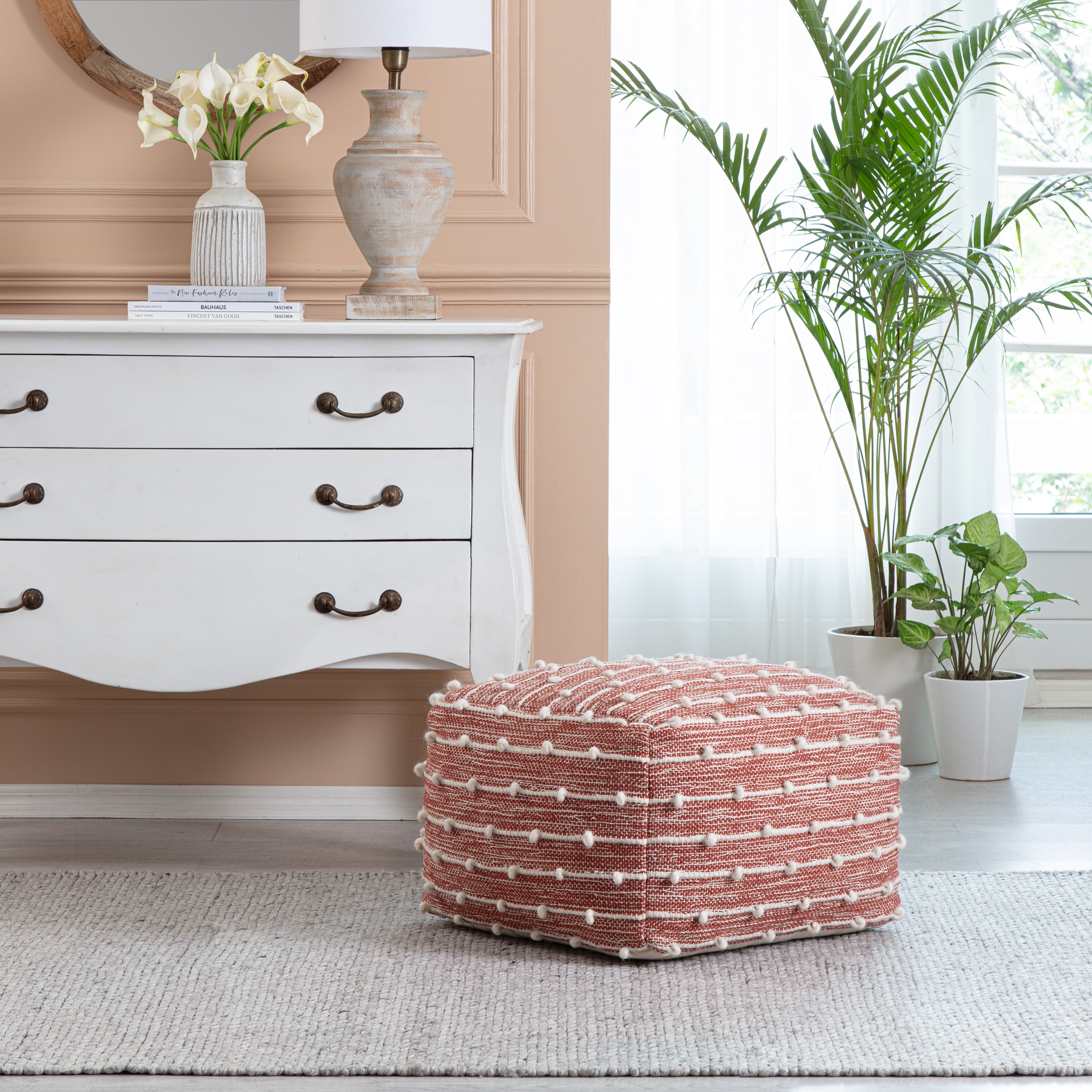 Penelope Handcrafted Cotton-Polyester Red/Ivory Pouf Ottoman