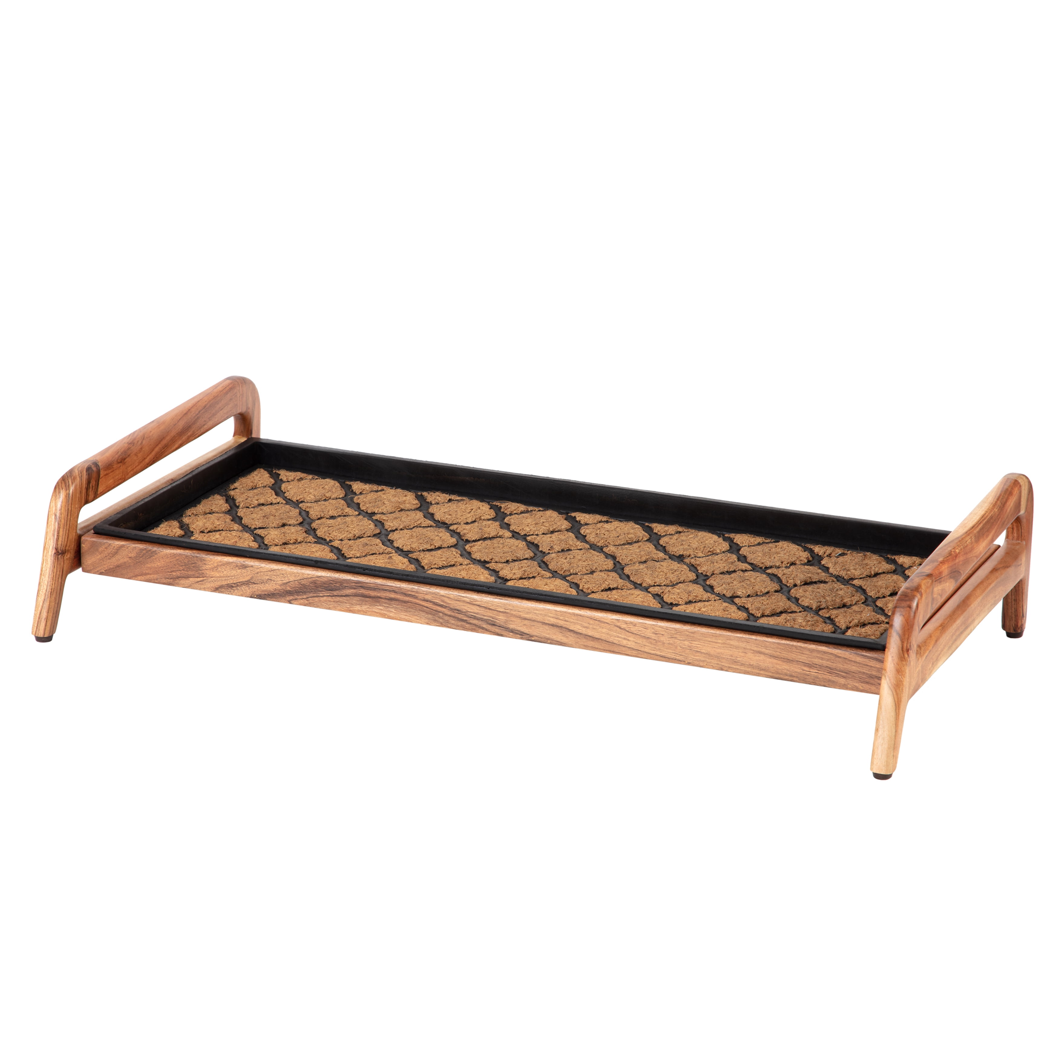 Anji Mountain Heavy Duty Waterproof Wooden Shoe Storage Mat Organizer/Boot Storage Tray Multi Use for Entryway with Coir, Tan and Black Trellis Insert, 1 Tier, Fits 3 Pair (36.5" Wide)