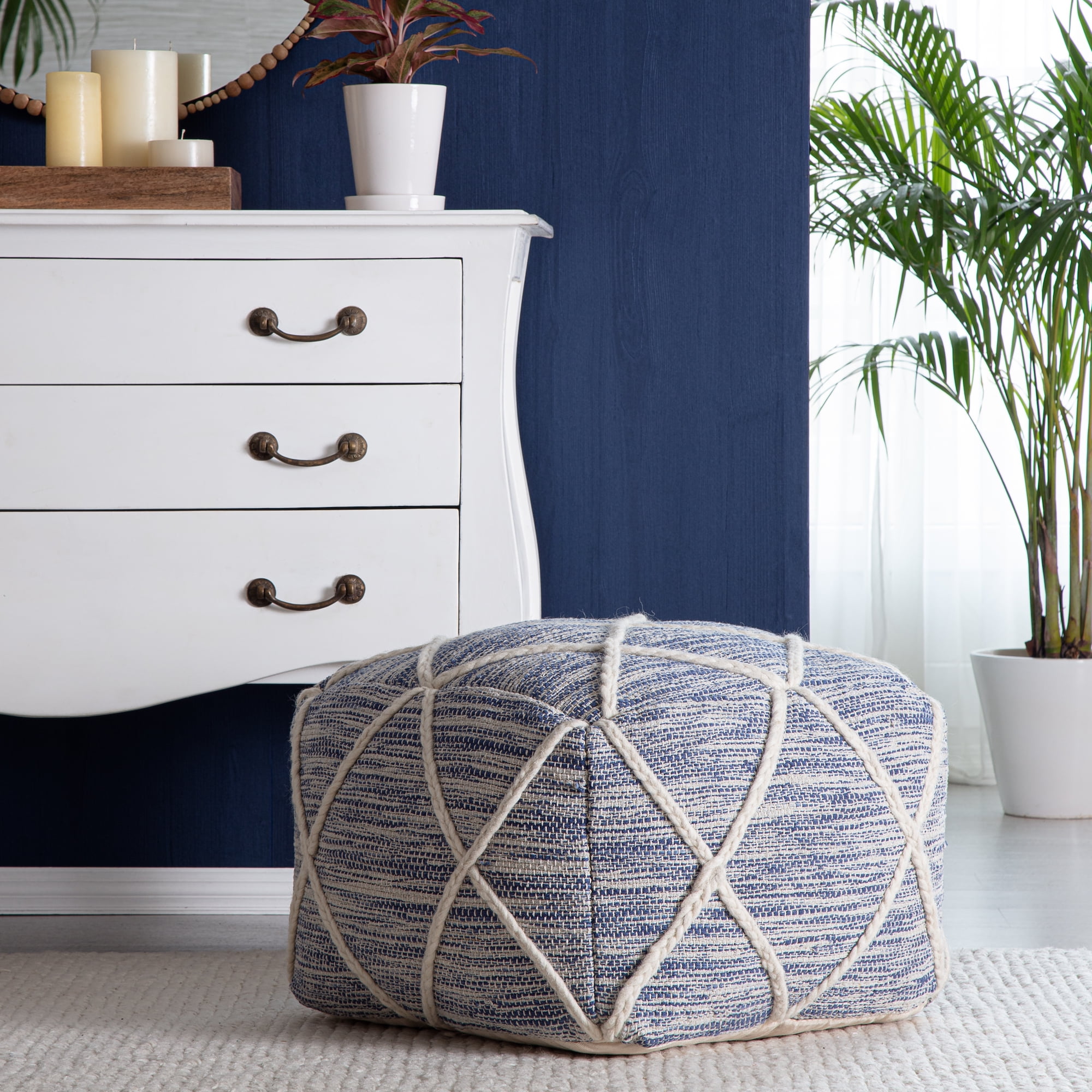 Kirkwood Lake 22" Blue & Ivory Square Pouf Ottoman