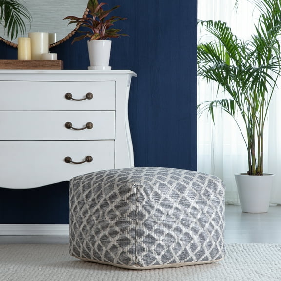 Jani  South Grand 22" Square  Pouf Ottoman Gray & Ivory