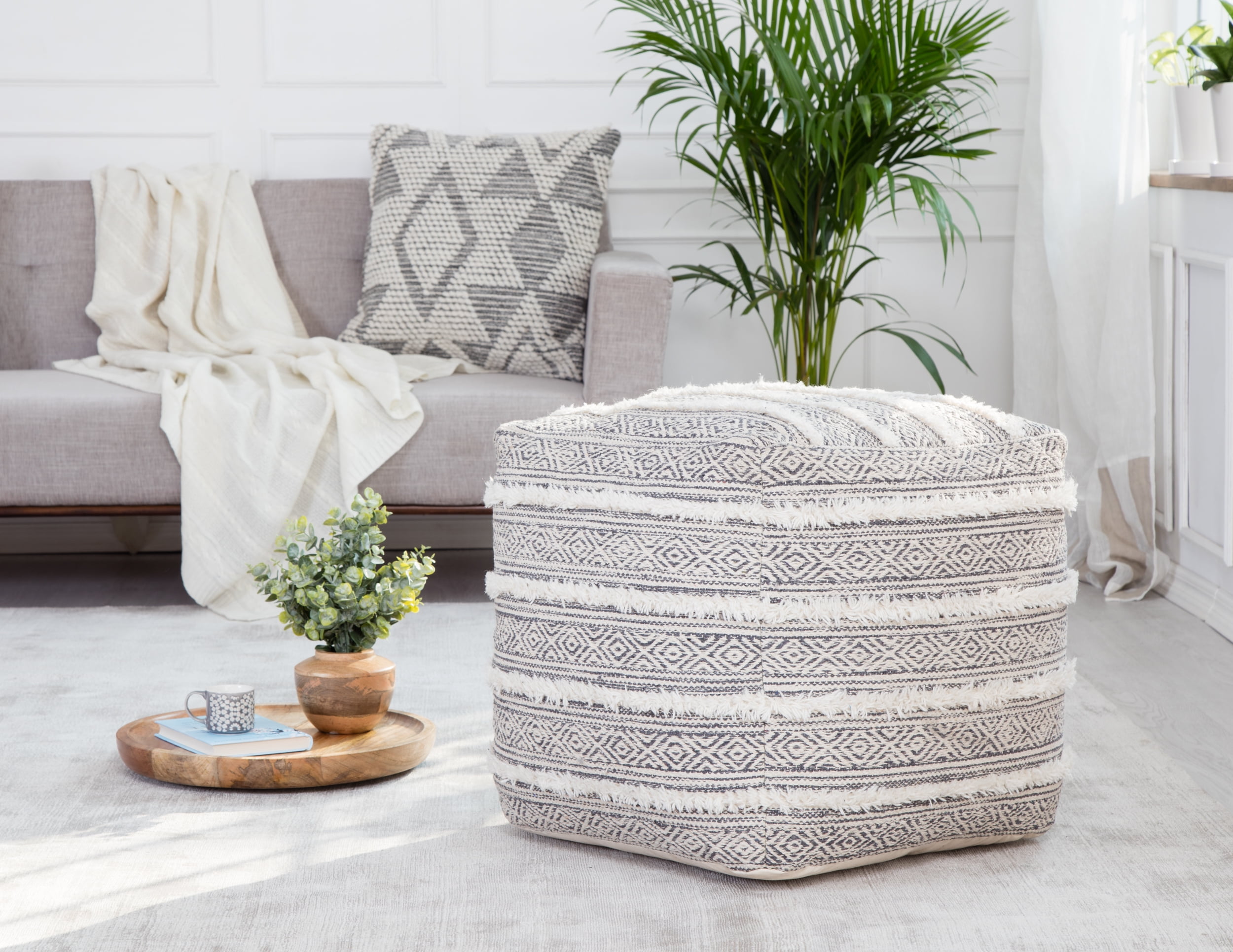 Anji Mountain Textured Handmade Cotton Poufs, Gray