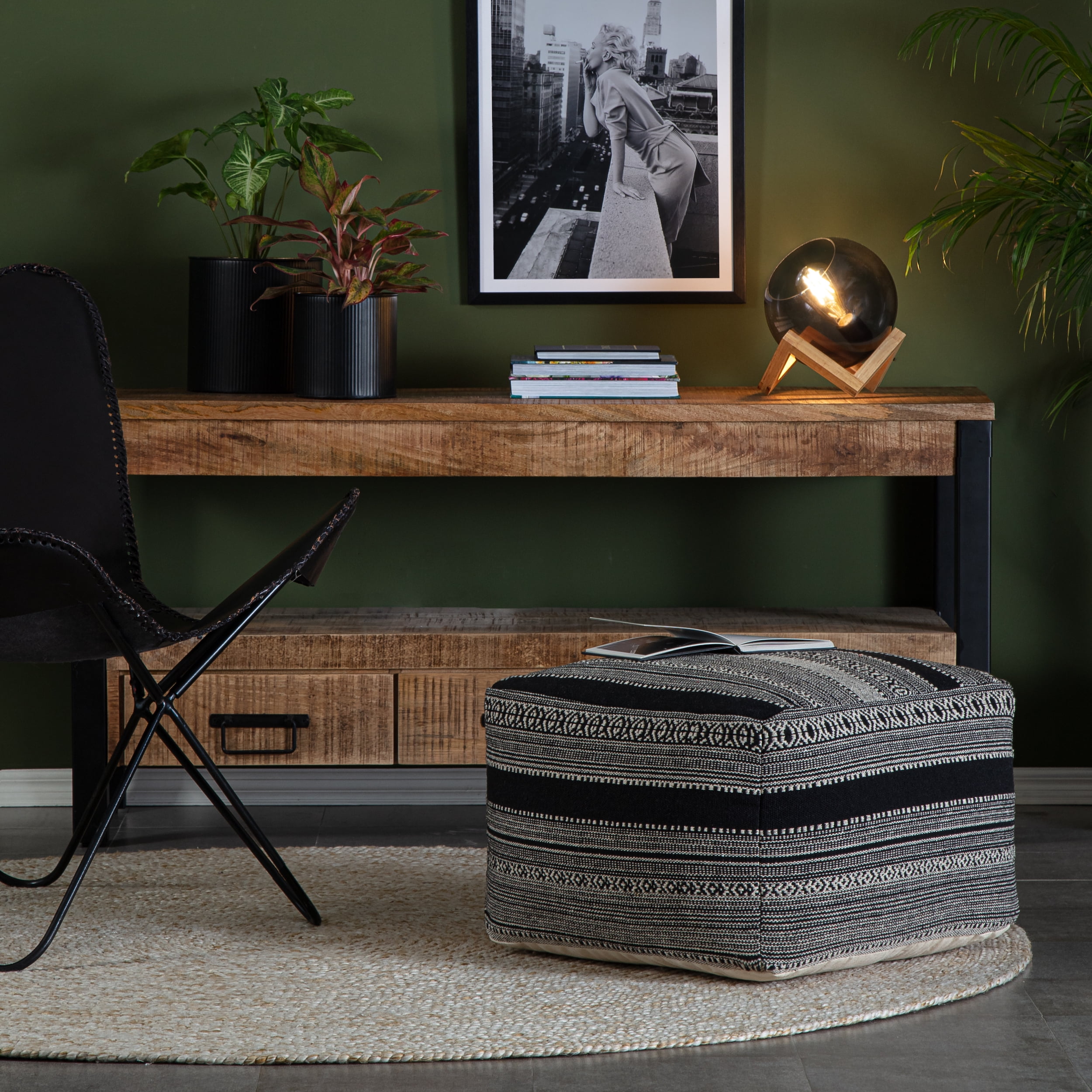 Anji Mountain Wydown 22" Square Pouf Ottoman Black & Ivory