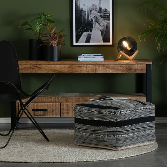 Anji Mountain Wydown 22" Square Pouf Ottoman Black & Ivory