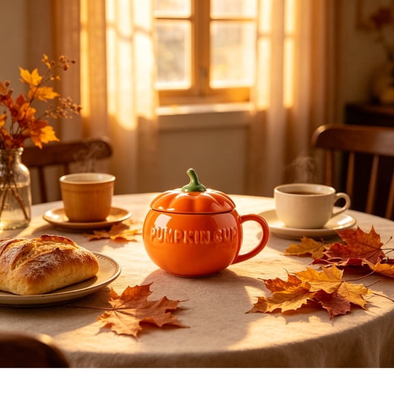 AnjiSee Halloween Pumpkin Shaped Mug, Ceramic Coffee Cup for Home Party, With Lid and Handle, 17oz