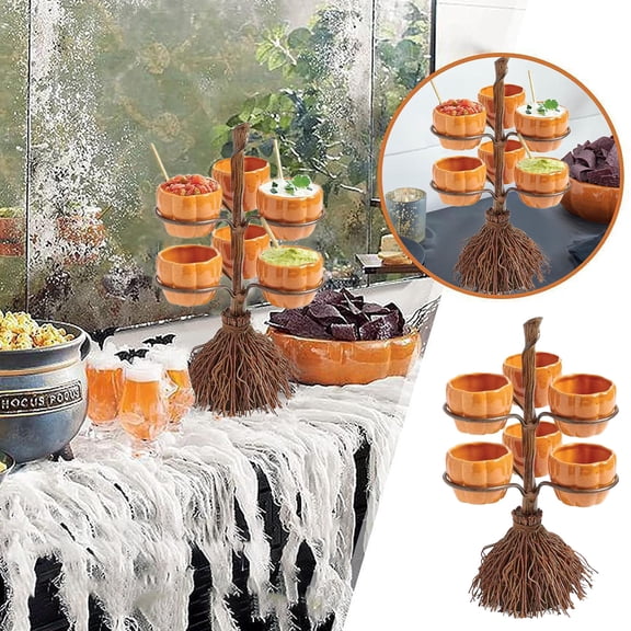 Anjikang 6-Bowl Witch Broom Pumpkin Snack Stand 12.2x5.9x6.3in Collapsible Candy Tray Server for Halloween Party Dessert Table Decor