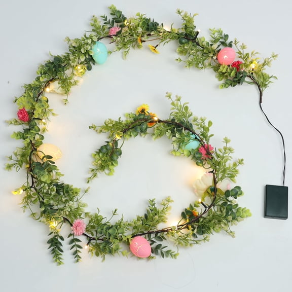 Anjinsoft 6ft Prelit Easter Garland with Easter Eggs and Flowers, Artificial Spring Greenery Floral Vine for Mantle, Table and Home Decor
