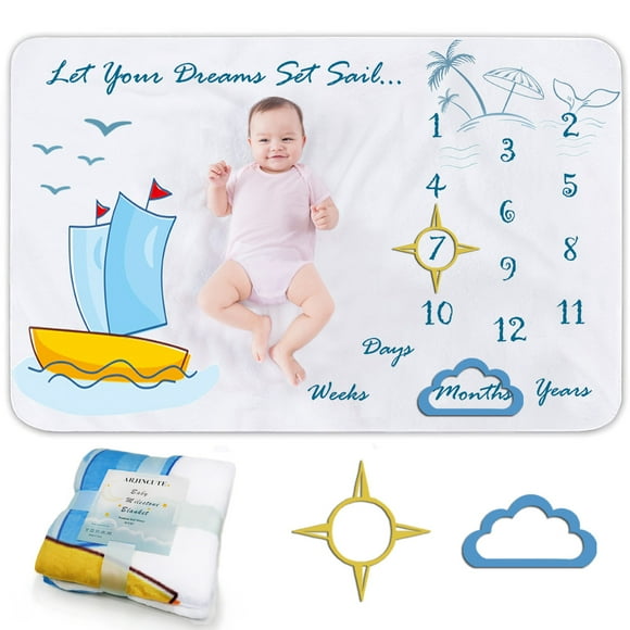 Anjinsoft Baby Monthly Milestone Blanket Unisex Age Growth Chart Flannel Blanket for Gift 60*40 inch, Sailing Boat