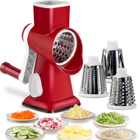 Anjinsoft Hand Crank Rotary Cheese Grater Shredder Vegetable Slicer, 3 Stainless Steel Drum Blades, Strong Suction, Red