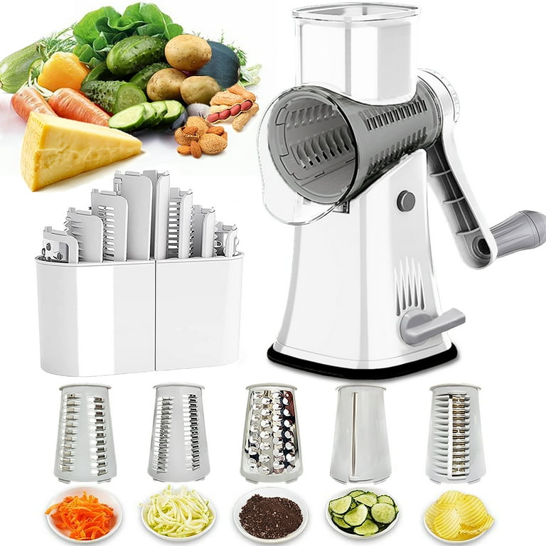 Rotary Cheese Grater, Upgrade Stainless Steel Rotary Vegetable Cheese  Grater with 5 Replaceable Blades and Handle Dishwasher Safe Vegetable  Slicer