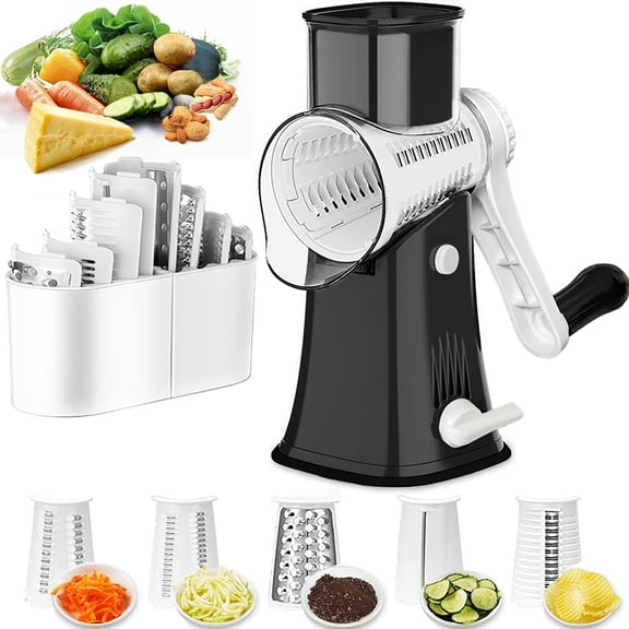 Anjinsoft Handheld Rotary Cheese Grater Vegetable Slicer Shredder with 5 Stainless Steel Blades, Black