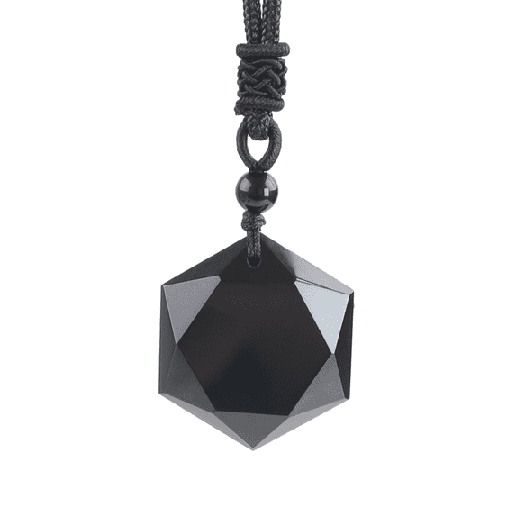 Anjiucc Natural Gemstone Black Obsidian Hexagonal Pendant Necklace with Adjustable Rope 30 inches, Male and Female Necklace(Black Obsidian 1)