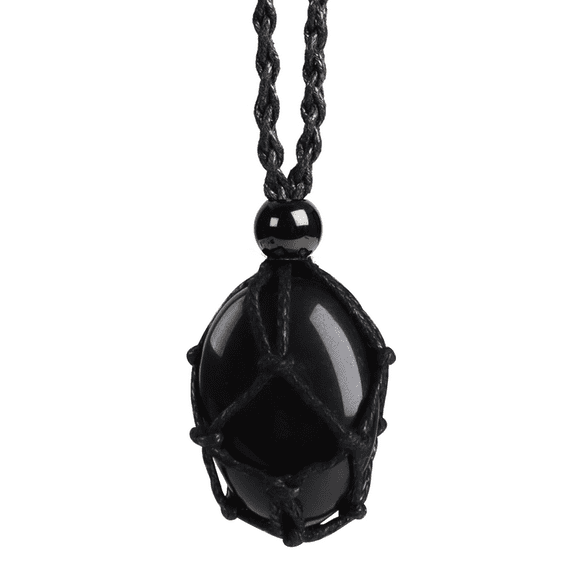 Anjiucc Natural Gemstone Crystal Polished Black Obsidian Pendant Necklace Stone Holder Necklace Cord Hand-Woven Necklace with Adjustable Length for Women Men