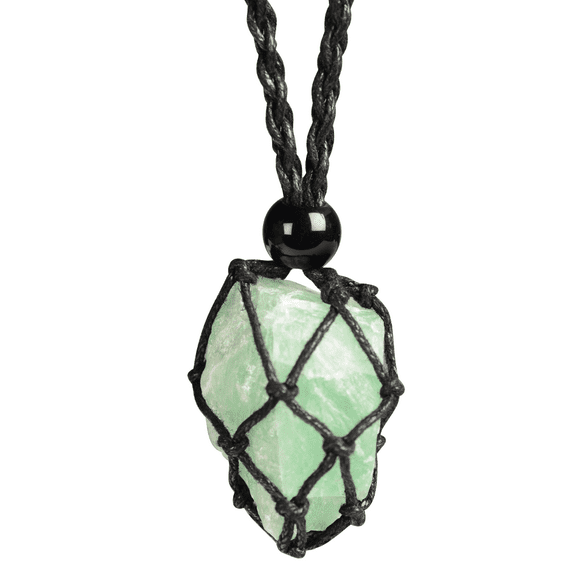 Anjiucc Natural Gemstone Crystal Raw Green Fluorite Pendant Necklace Stone Holder Necklace Cord Hand-Woven Necklace with Adjustable Length for Women Men