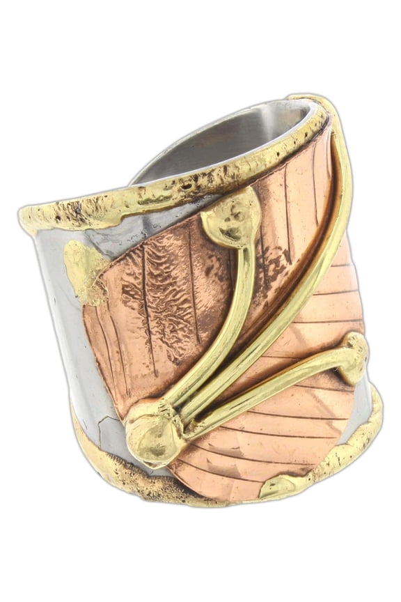 Anju Cuff Ring Welded Mixed Metal Design - Copper, Stainless Steel, Brass (Wrap Around Leaf)
