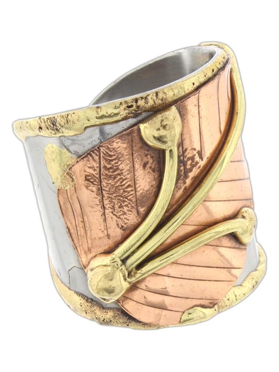 Anju Cuff Ring Welded Mixed Metal Design - Copper, Stainless Steel, Brass (Wrap Around Leaf)