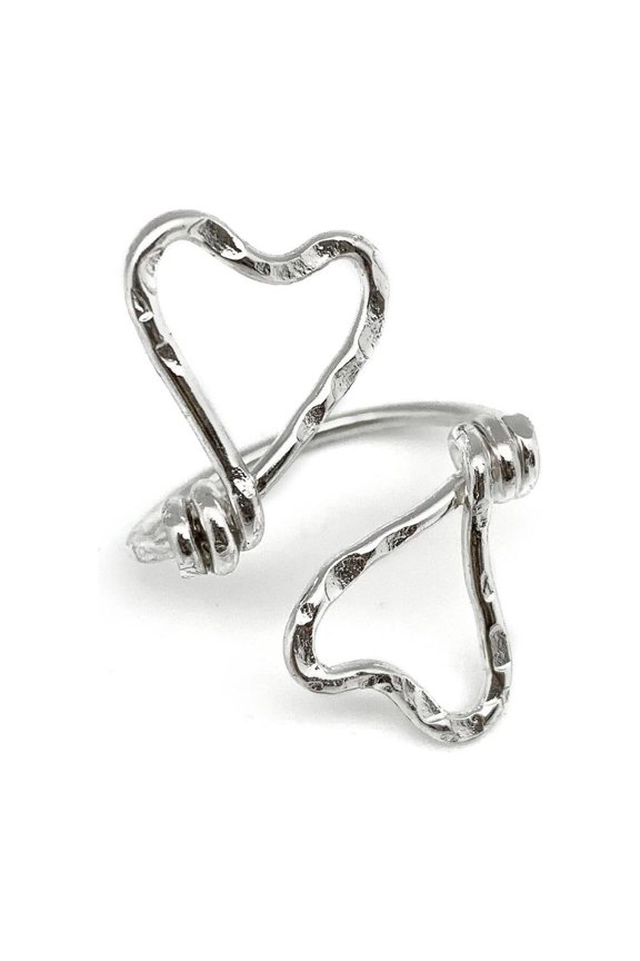 Dual Hearts Collection Ring, Silver Plated Brass, Adjustable,