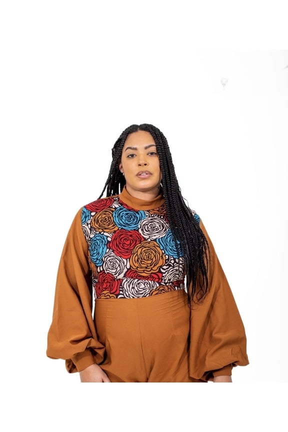 Ankara Floral Bodice Jumpsuit with Brown Balloon Sleeves