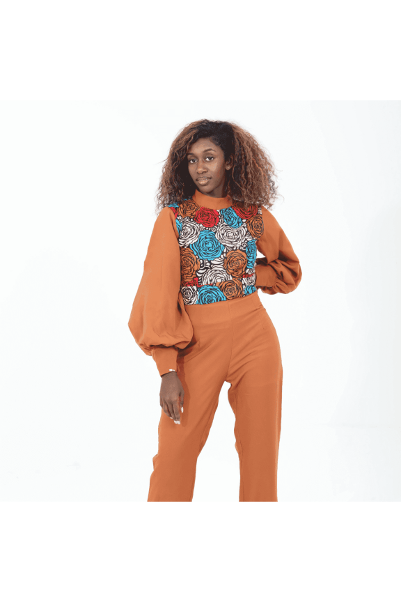 Ankara Floral Bodice Jumpsuit with Brown Balloon Sleeves