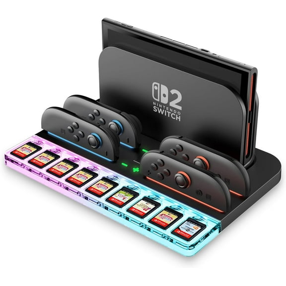 Ankedo Charging Dock Storage Base for Nintendo Switch 2 JoyCon Controllers , 9 Game Card Slots, 4 JoyCon Controllers Charging Port with Ambient Lighting