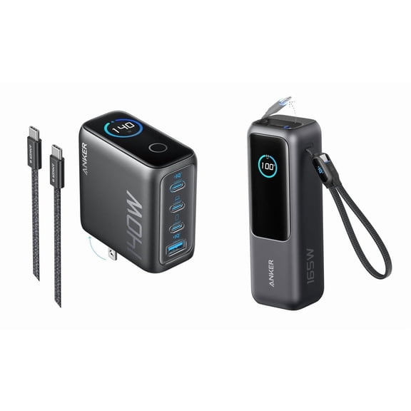 Anker 140W MAX USB C Laptop Charger (4-Port) and 25,000mAh Portable Power Bank (4-Port) with Built-in & Retractable Cables