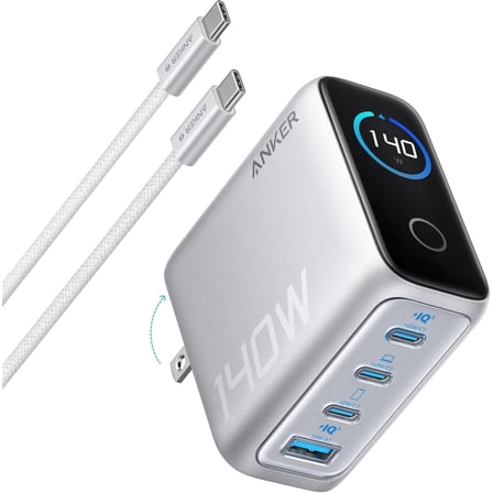Anker Laptop Charger, 140W Max 4-Port GaN USB C Charger Block with Smart Display, Fast Charging Power Adapter, Touch Controls Compatible for MacBook, iPhone 17 Series (Include 5FT Cable, Non-Battery)