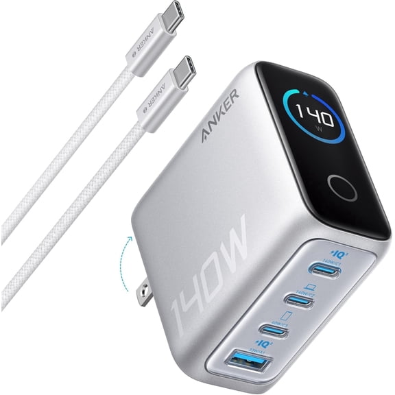 Anker Laptop Charger, 140W Max 4-Port GaN USB C Charger Block with Smart Display, Fast Charging Power Adapter, Touch Controls Compatible for MacBook, iPhone 17 Series (Include 5FT Cable, Non-Battery)