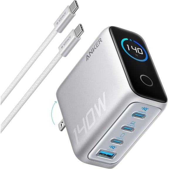 Anker 140W USB-C Charger, Laptop Charger, 4-Port Multi-Device Fast Charging, Advanced GaN Power Adapter, Intuitive Touch Controls, for MacBook, iPhone 16 Series, Samsung Galaxy, Pixel, and More